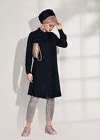 Tesettür giyim LACİVERT DÜĞMELİ DERİ BİYELİ TUNİK 98315 