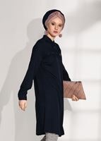 Tesettür giyim LACİVERT DÜĞMELİ DERİ BİYELİ TUNİK 98315 