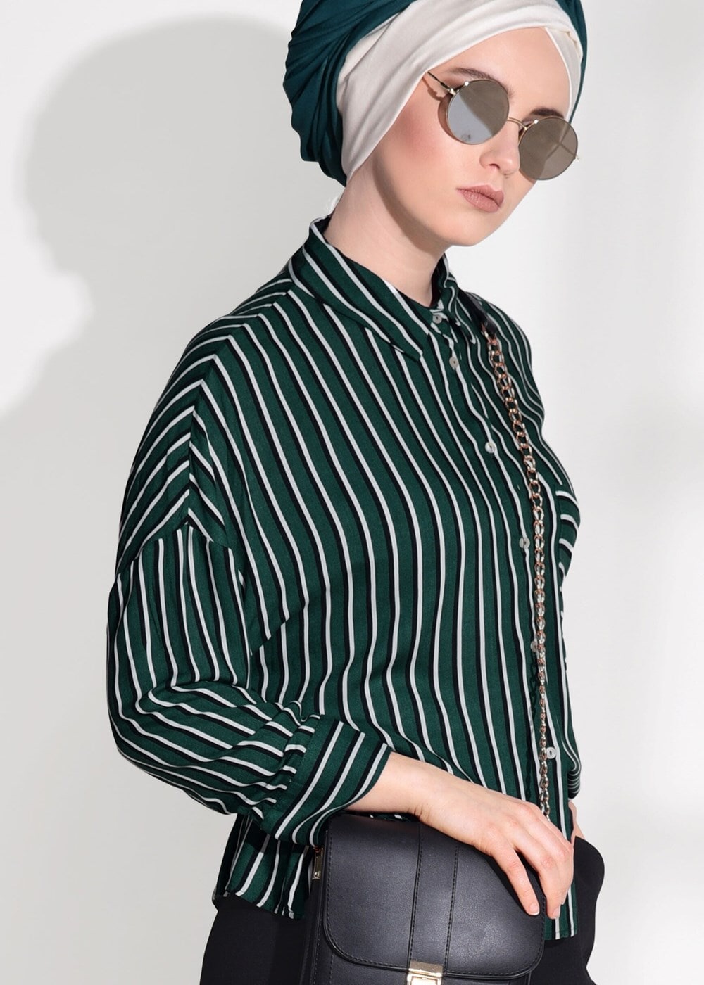 Hijab clothing GREEN Striped Blouse T 0015 