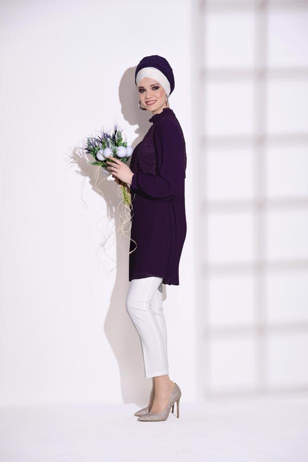 Tesettür giyim  T 0054 Loreen- Pilise Detaylı Tunik - TRENDTESETTÜR