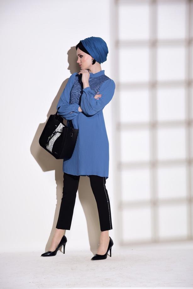 Tesettür giyim  T 0054 Loreen- Pilise Detaylı Tunik - TRENDTESETTÜR