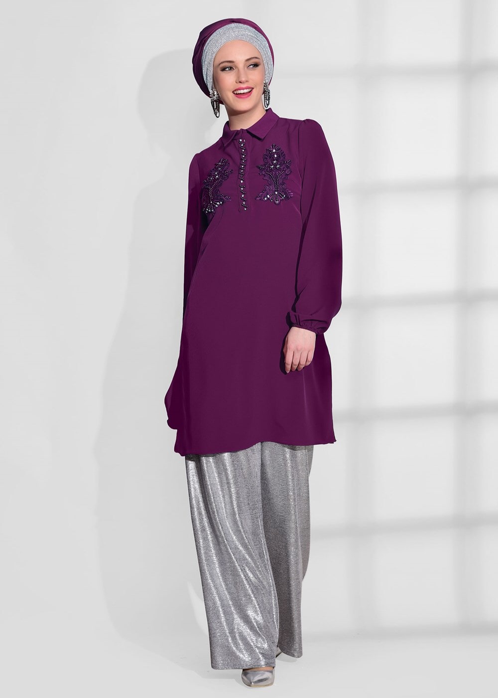 Vêtements hijab POURPRE TUNIQUE BRODÉE DE PERLES 0113