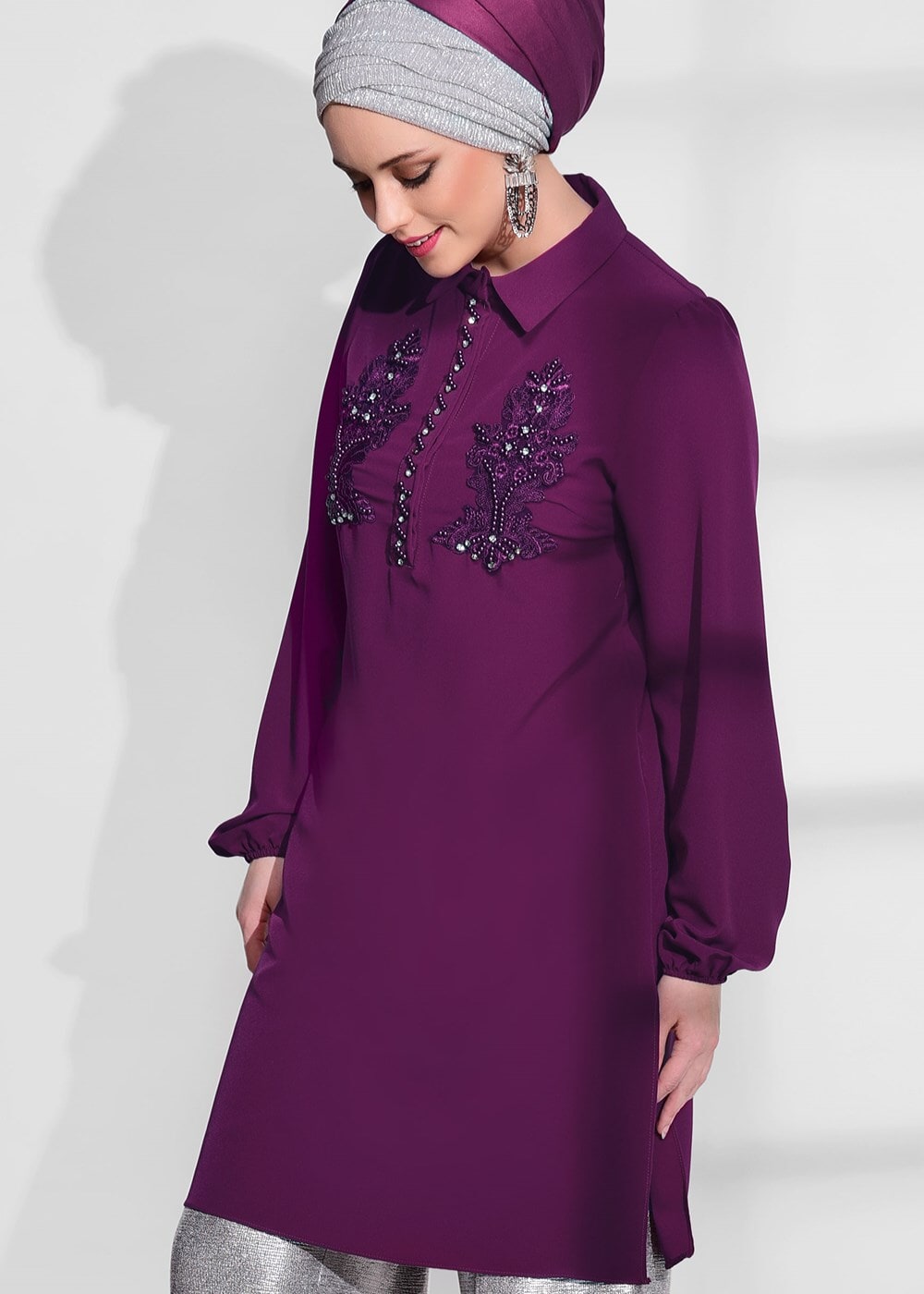 Vêtements hijab POURPRE TUNIQUE BRODÉE DE PERLES 0113