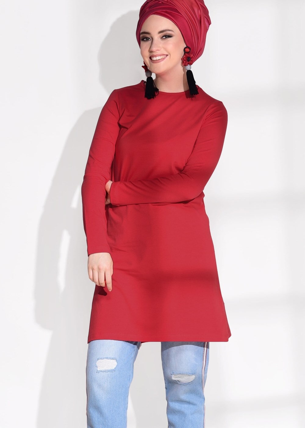 Vêtements hijab ROUGE TUNIQUE EN COTON PEIGNE 121