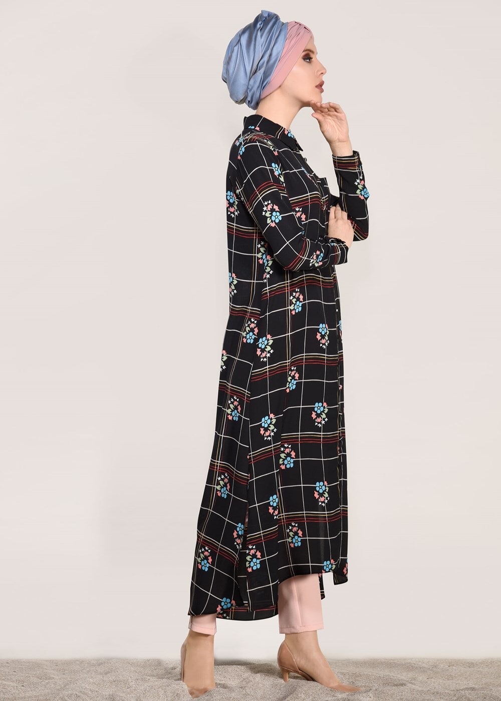 Tesettür giyim SİYAH T 0203 Lmf- Desenli Uzun Tunik