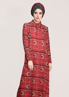 Tesettür giyim KIRMIZI T 0203 Lmf- Desenli Uzun Tunik