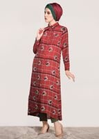 Tesettür giyim KIRMIZI T 0203 Lmf- Desenli Uzun Tunik