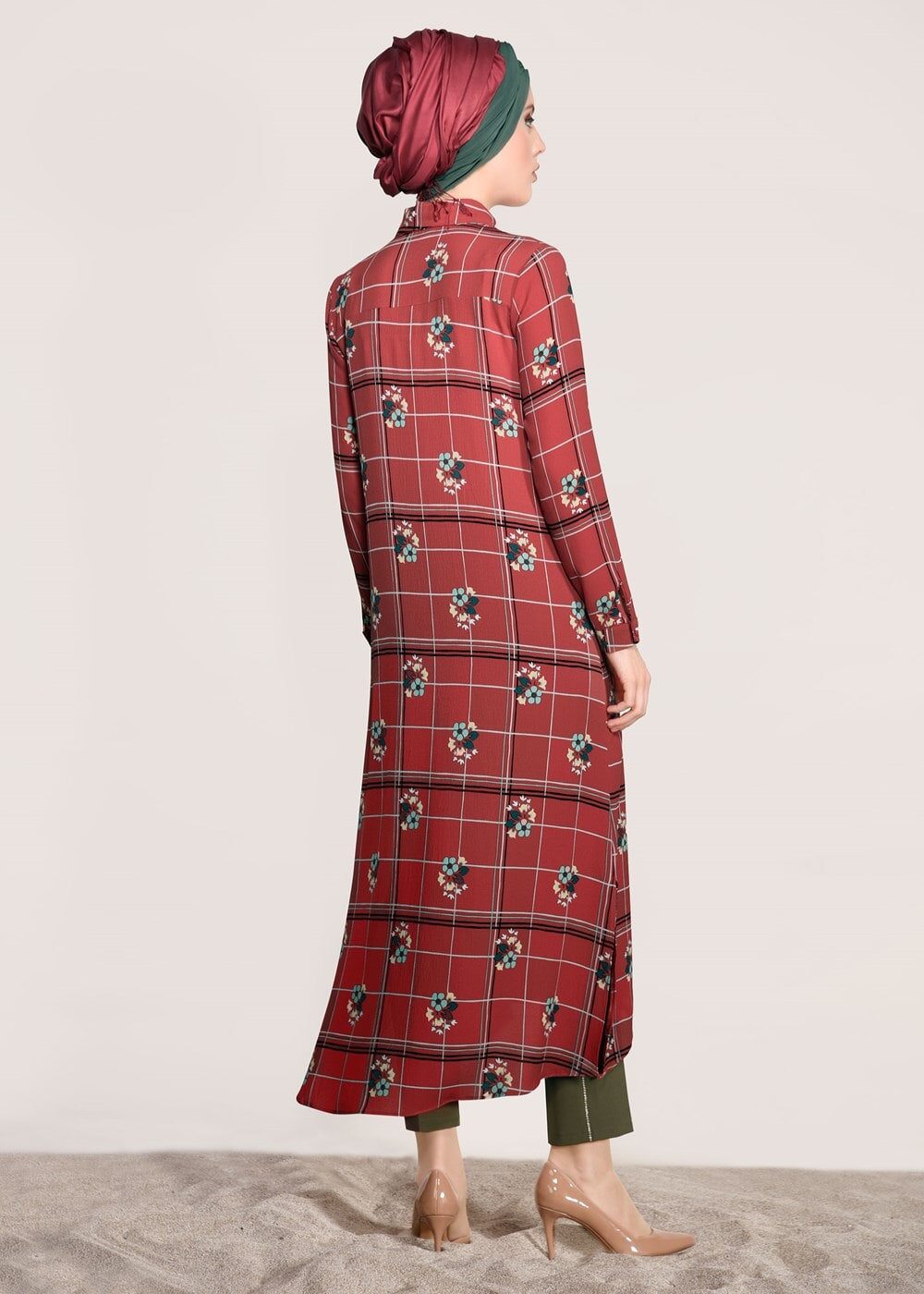 Tesettür giyim KIRMIZI T 0203 Lmf- Desenli Uzun Tunik