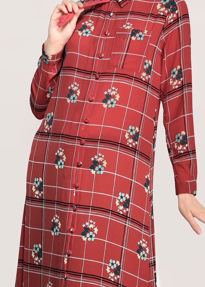 Tesettür giyim KIRMIZI T 0203 Lmf- Desenli Uzun Tunik