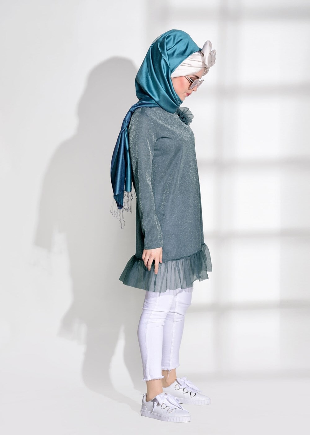 Hijab clothing GREEN SILVERY LACE DETAIL TUNIC 0271 