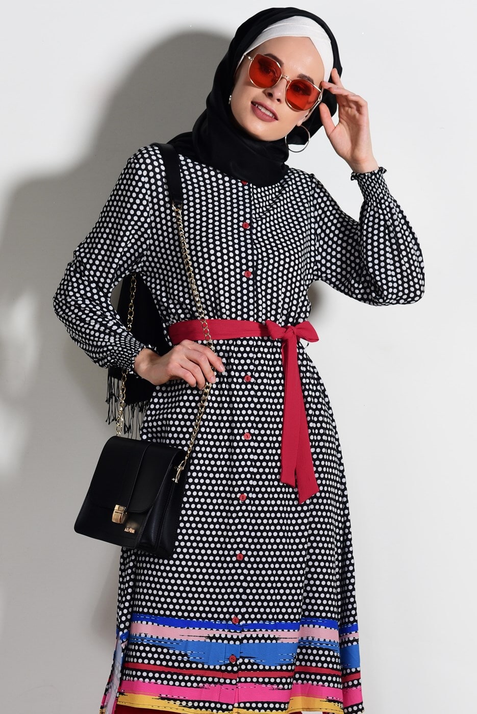 Tesettür giyim SİYAH T 0285 Asmiray-Puantiye Uzun Tunik