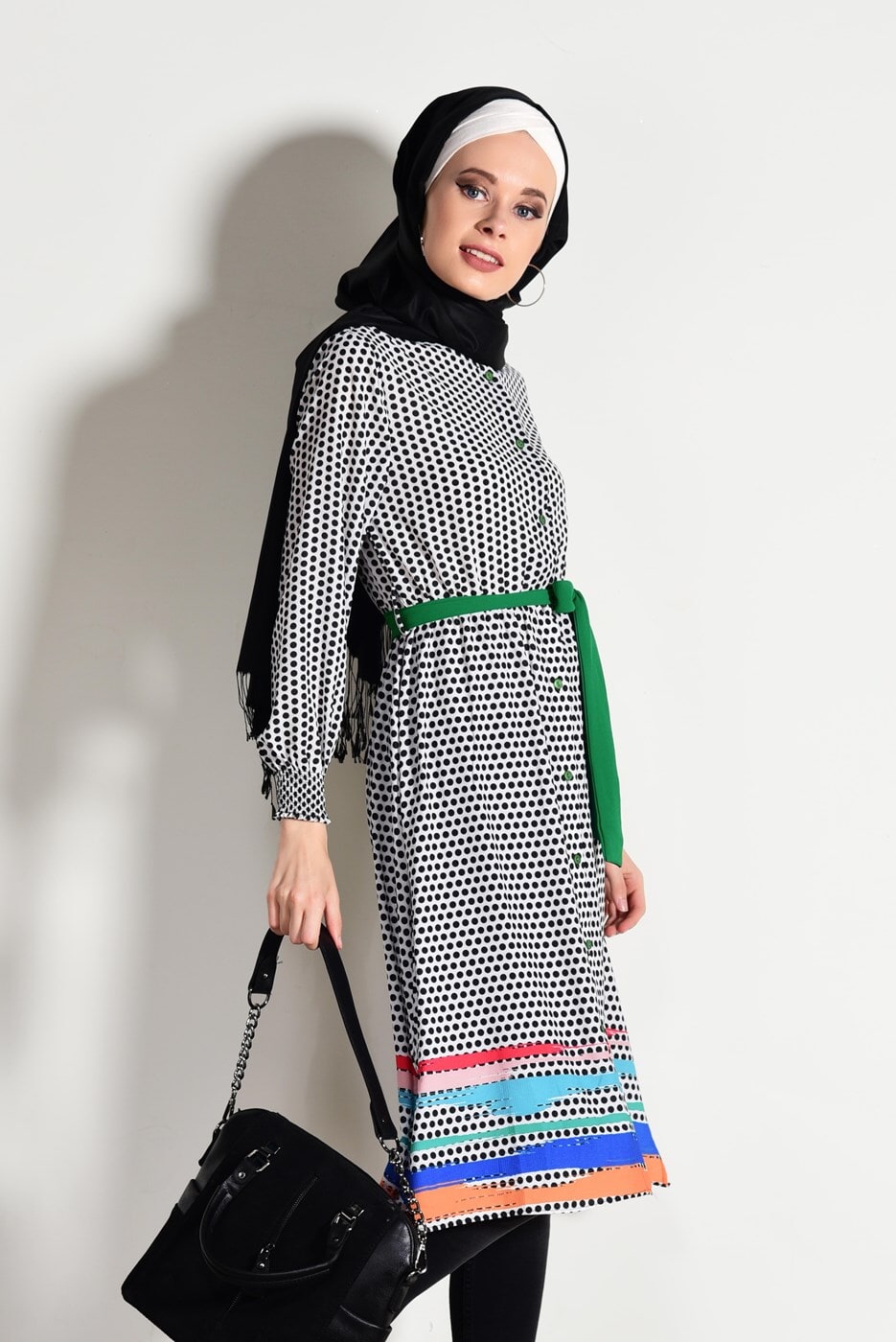 Tesettür giyim SİYAH T 0285 Asmiray-Puantiye Uzun Tunik