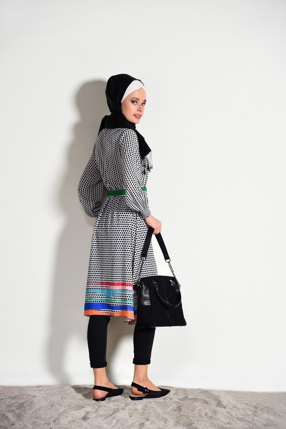 Tesettür giyim SİYAH T 0285 Asmiray-Puantiye Uzun Tunik