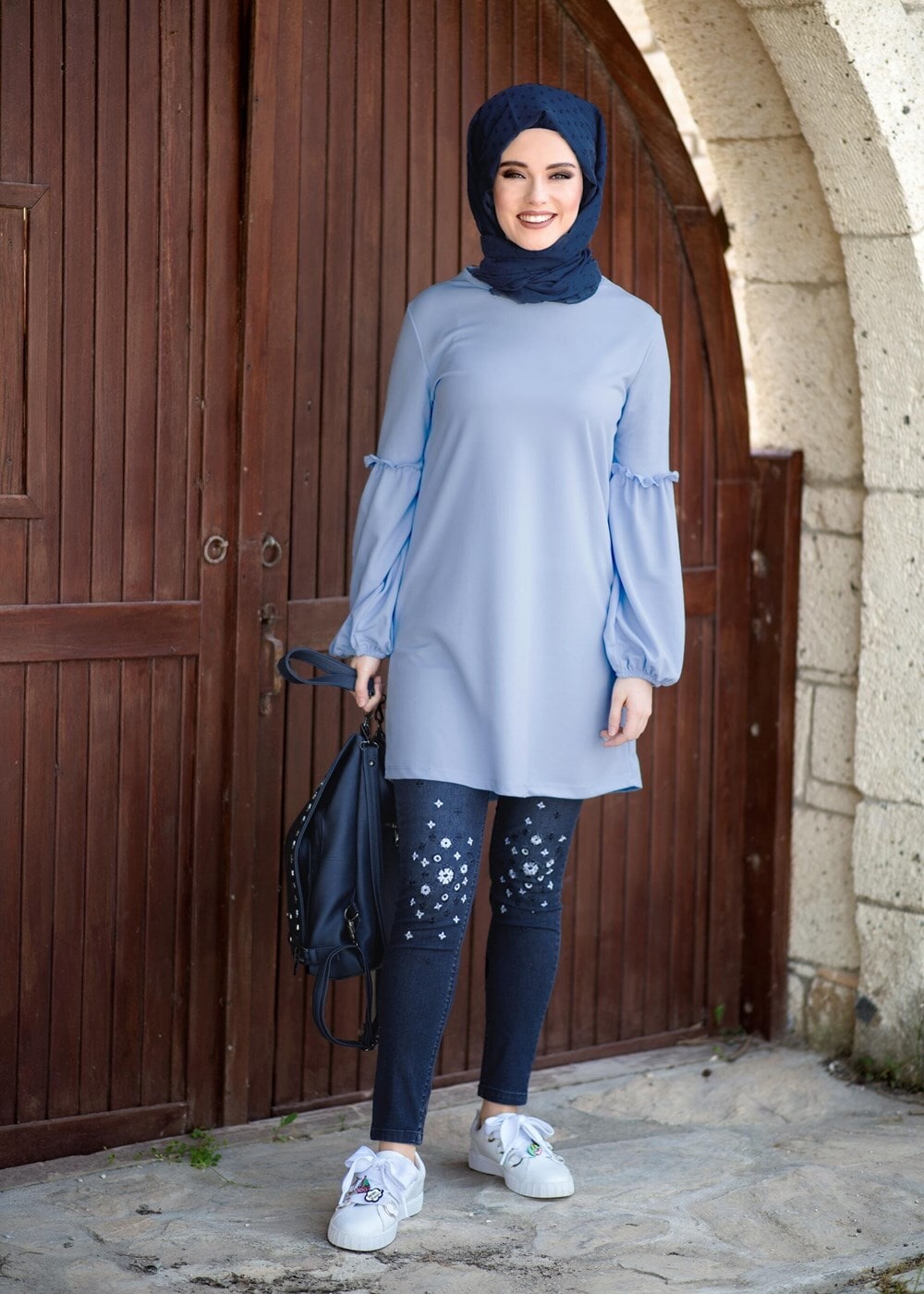 Hijab clothing BLUE RUFFLE DETAIL TUNIC T 0494 