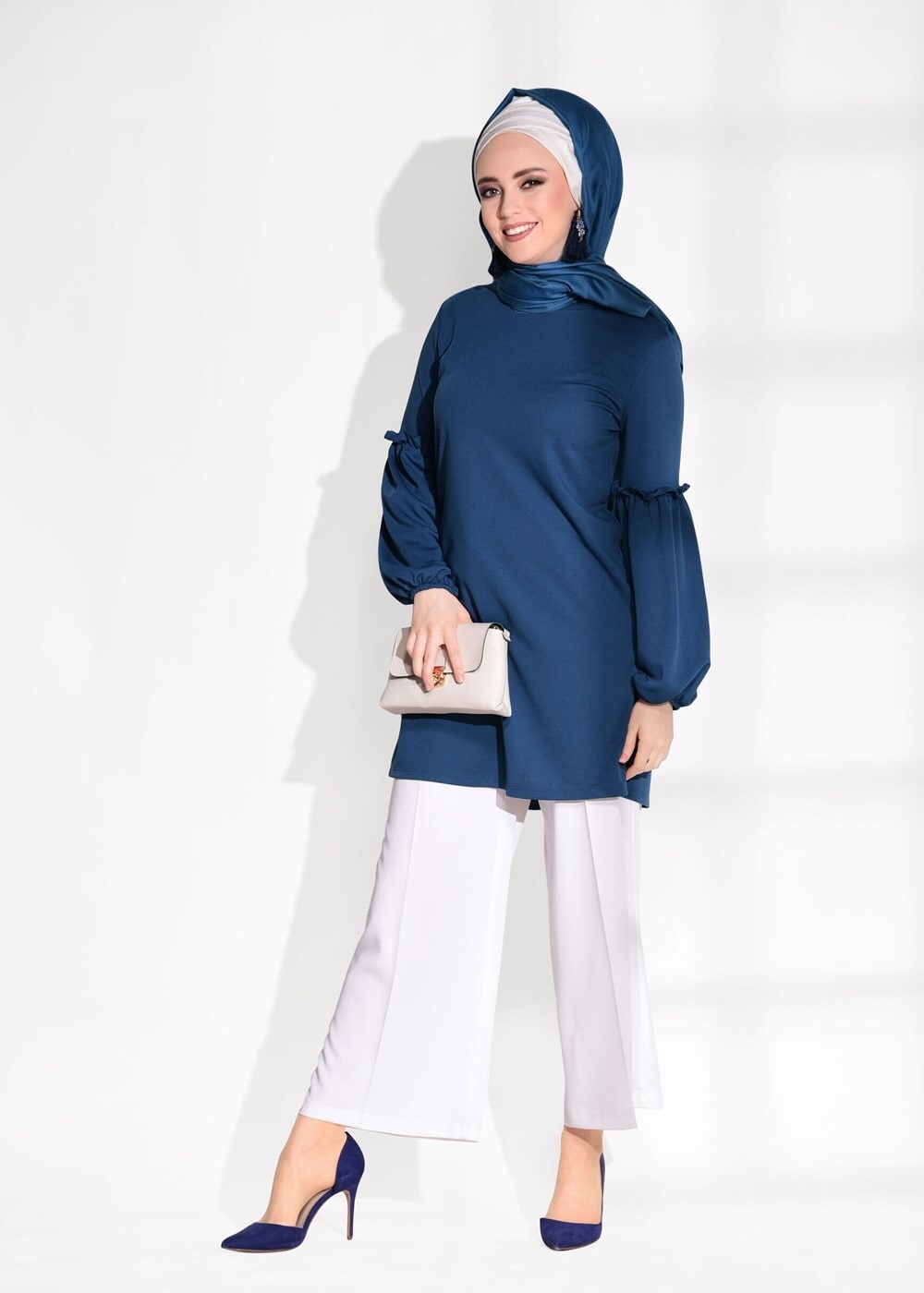 Hijab clothing BLUE RUFFLE DETAIL TUNIC T 0494 