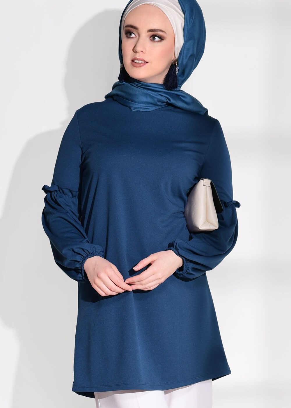 Hijab clothing BLUE RUFFLE DETAIL TUNIC T 0494 