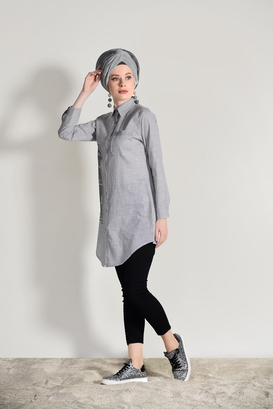 Hijab clothing GREY EMBROIDERY DETAIL TUNIC T 0529 