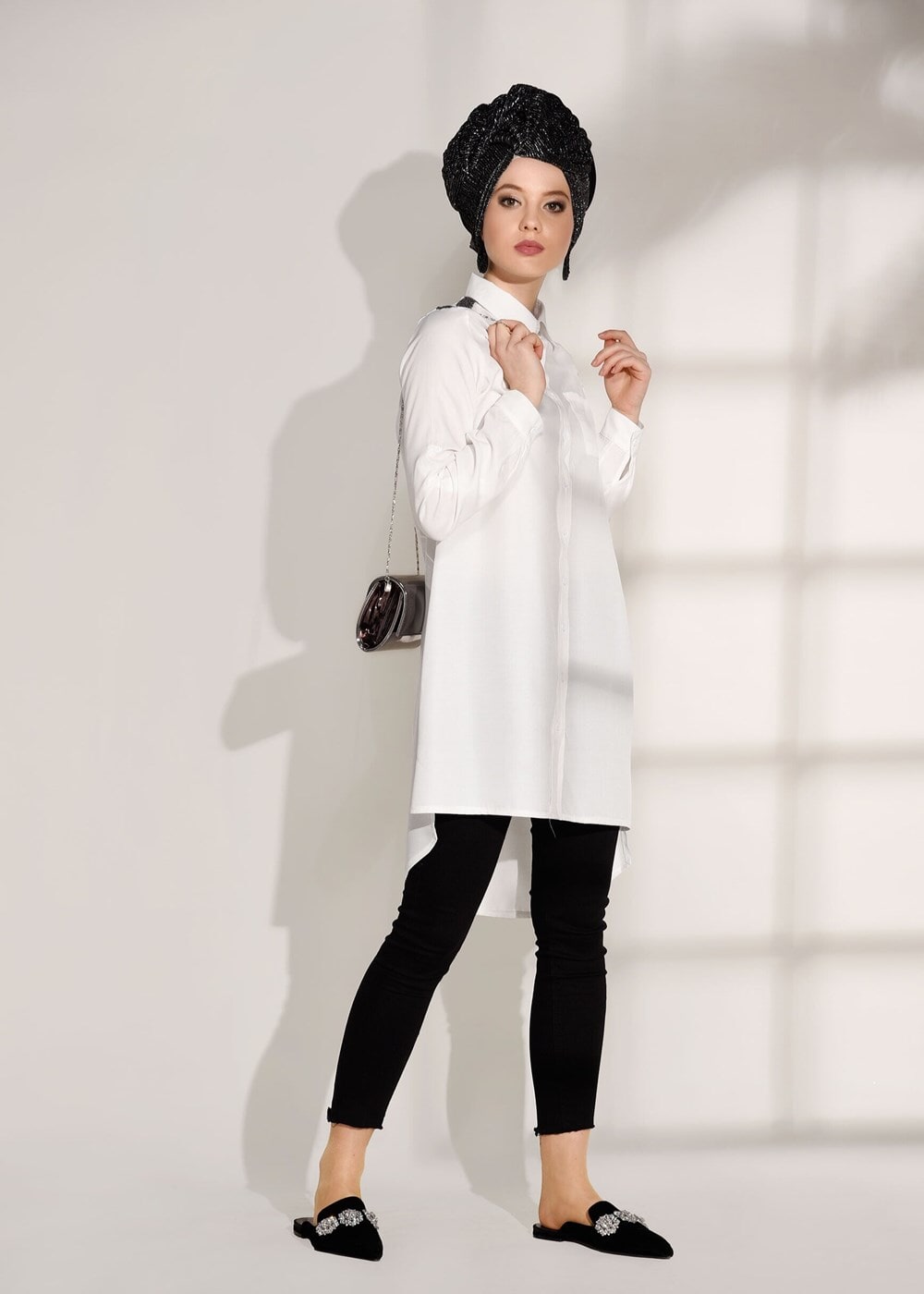 Tesettür giyim BEYAZ T 0624 Lvr-Taş Detaylı Tunik