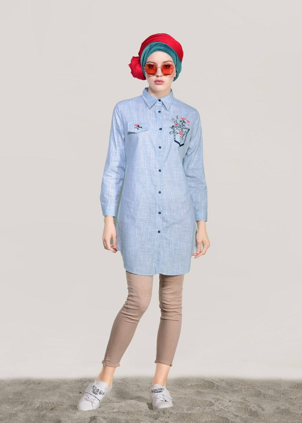 Hijab clothing BLUE EMBROIDERY DETAIL TUNIC T 1109 