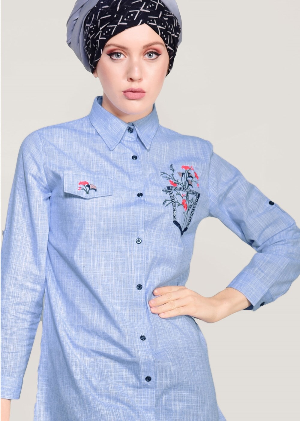 Hijab clothing NAVY BLUE EMBROIDERY DETAIL TUNIC T 1109 