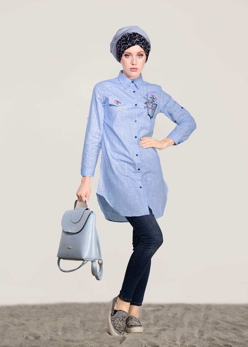 Hijab clothing NAVY BLUE EMBROIDERY DETAIL TUNIC T 1109 