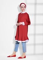 Tesettür giyim KIRMIZI T 1775 Asmiray- İşleme Detaylı Tunik