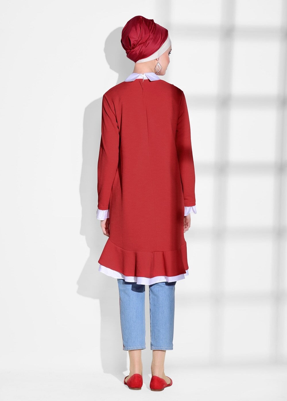 Tesettür giyim KIRMIZI T 1775 Asmiray- İşleme Detaylı Tunik