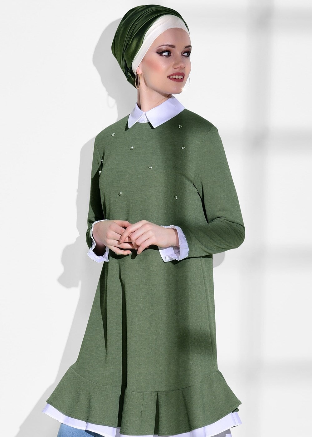 Tesettür giyim HAKİ T 1775 Asmiray- İşleme Detaylı Tunik