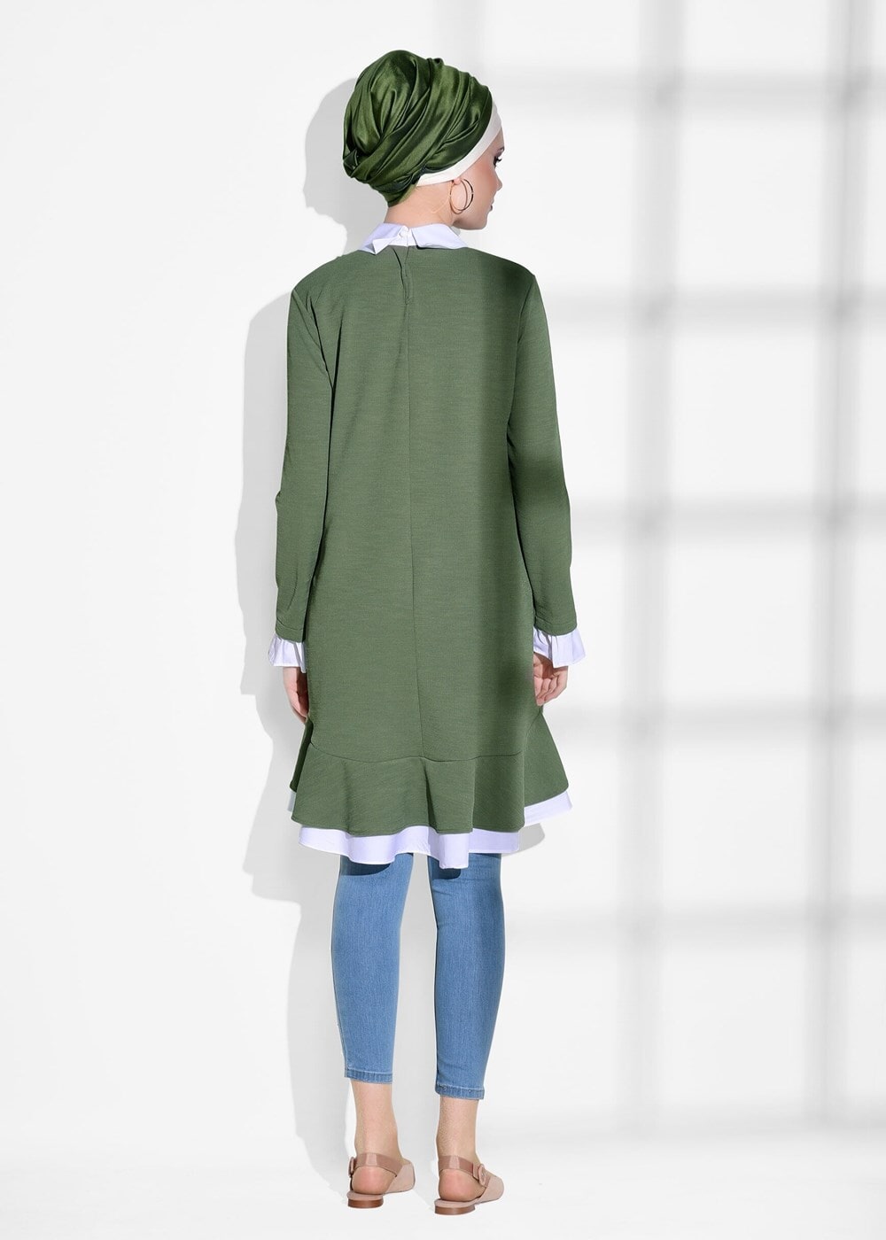 Tesettür giyim HAKİ T 1775 Asmiray- İşleme Detaylı Tunik