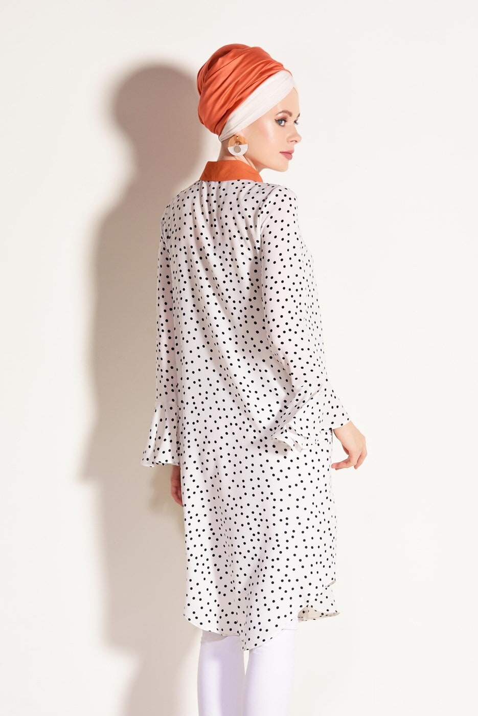 Tesettür giyim KREM T 1965 Asmiray-Puantiye Desenli Tunik
