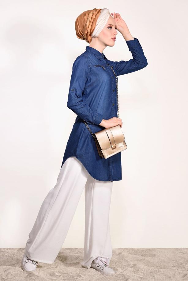 Vêtements hijab  ZIPPER DETAIL DENIM TUNIC 2109  - TRENDTESETTÜR