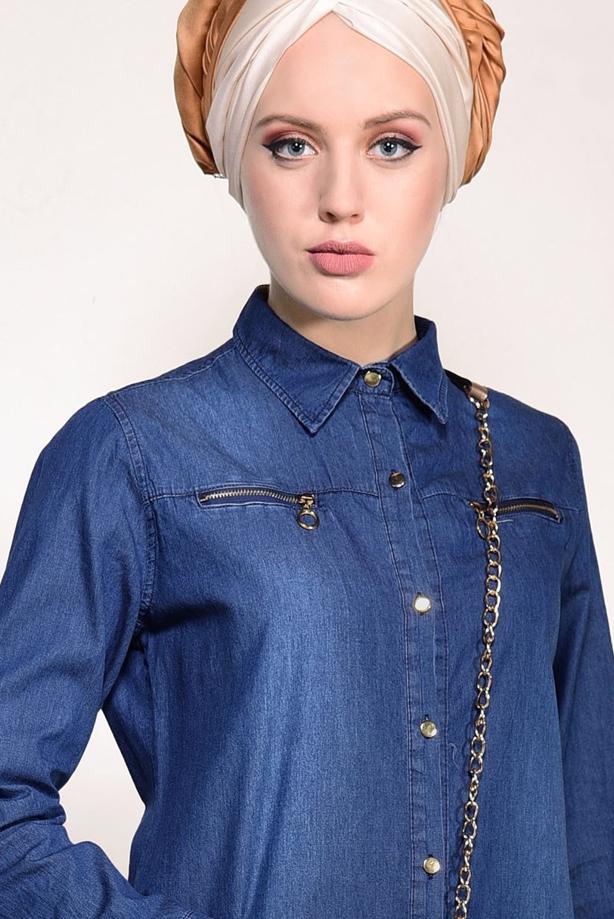 Vêtements hijab  ZIPPER DETAIL DENIM TUNIC 2109  - TRENDTESETTÜR