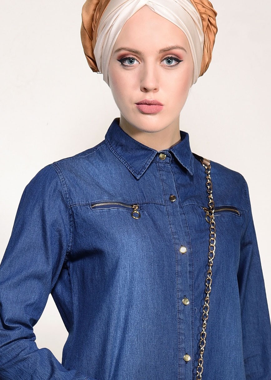 Hijab clothing NAVY BLUE ZIPPER DETAIL DENIM TUNIC 2109 