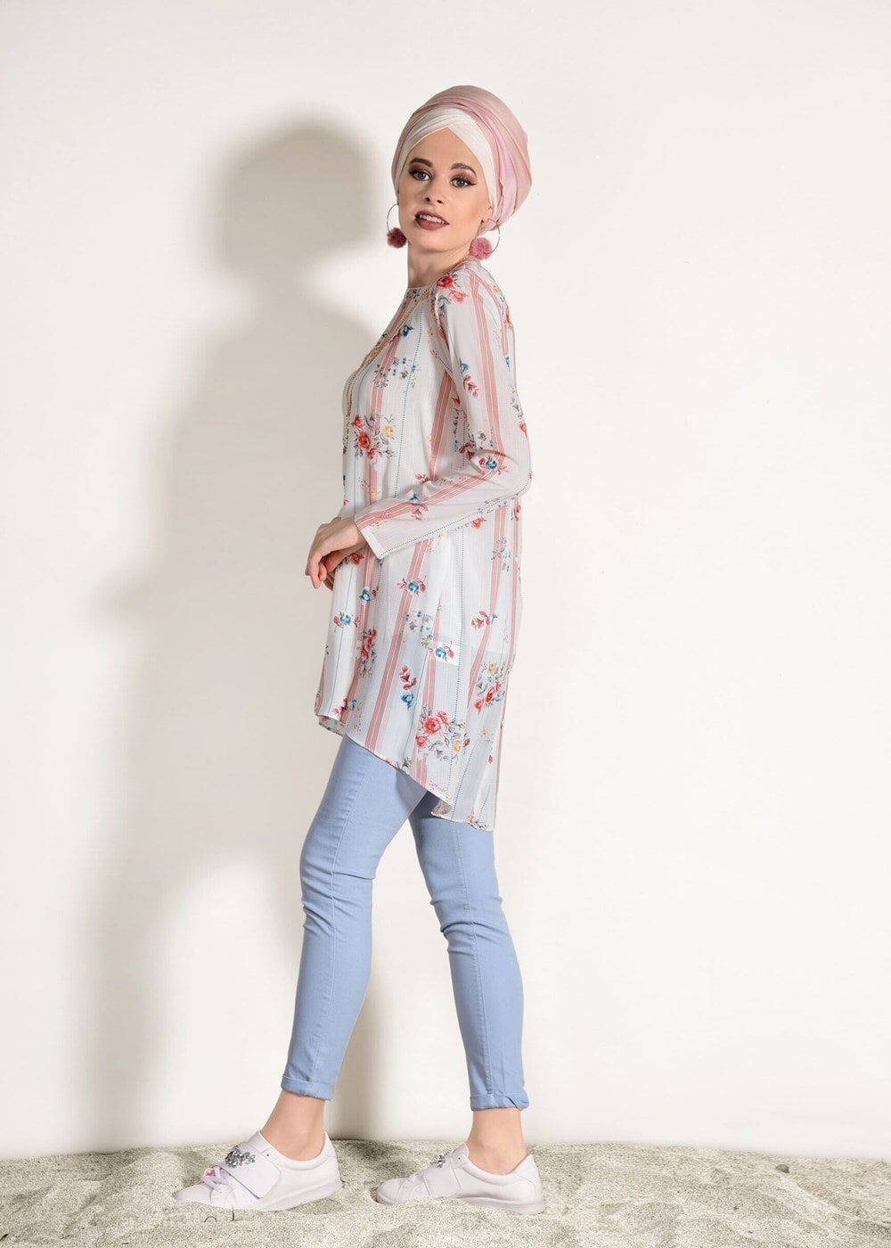 Tesettür giyim PUDRA T 2160 M Fashion-Çiçek Desenli Tunik