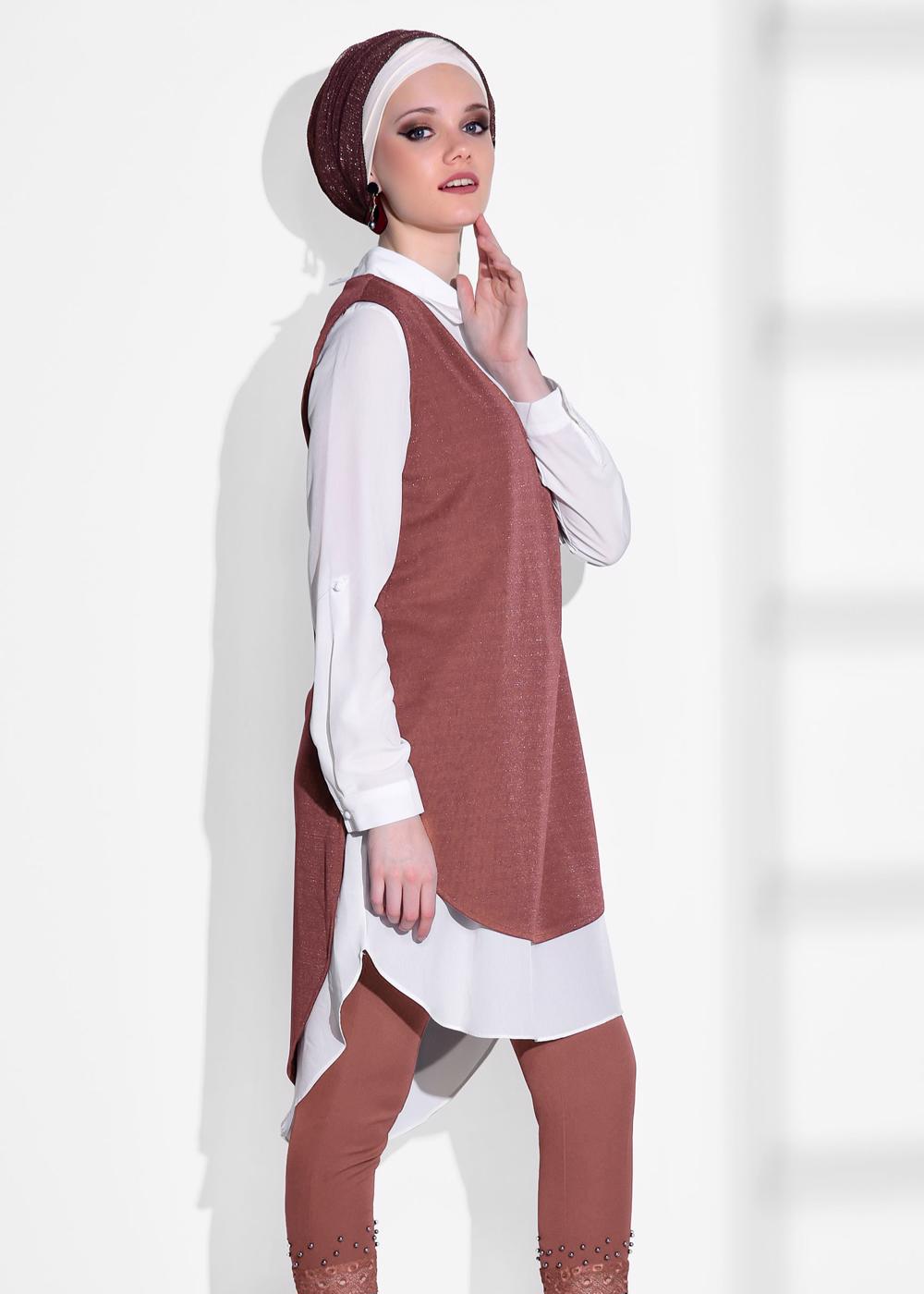 Tesettür giyim PEMBE T 2161 ModaBu- Bebe Yaka 2&prime;li Tunik