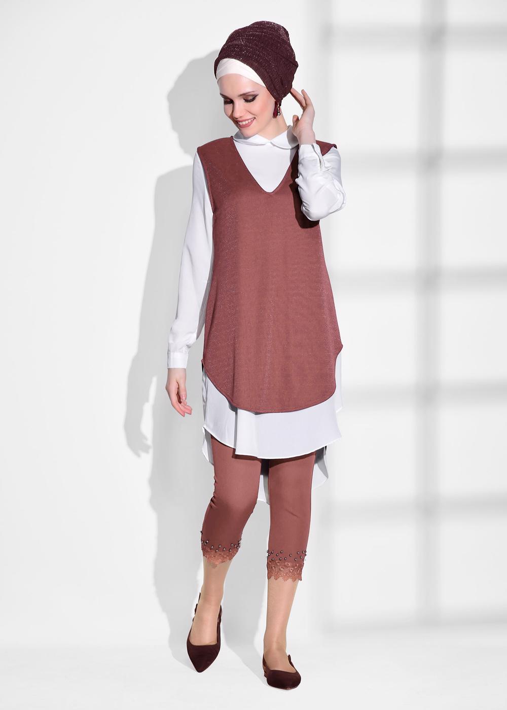 Tesettür giyim PEMBE T 2161 ModaBu- Bebe Yaka 2&prime;li Tunik