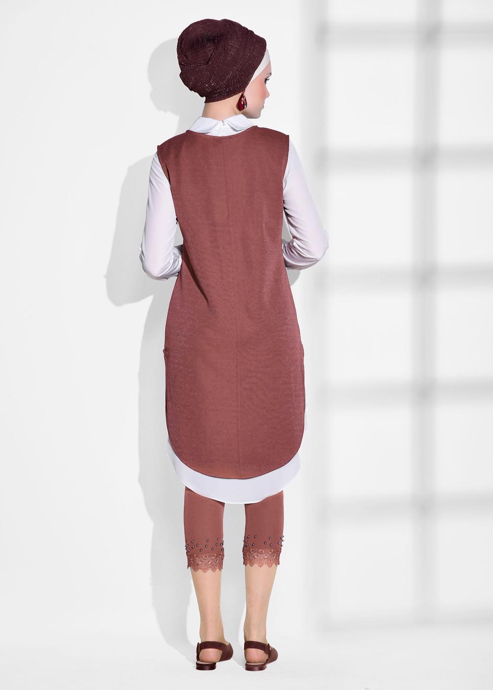 Tesettür giyim PEMBE T 2161 ModaBu- Bebe Yaka 2&prime;li Tunik