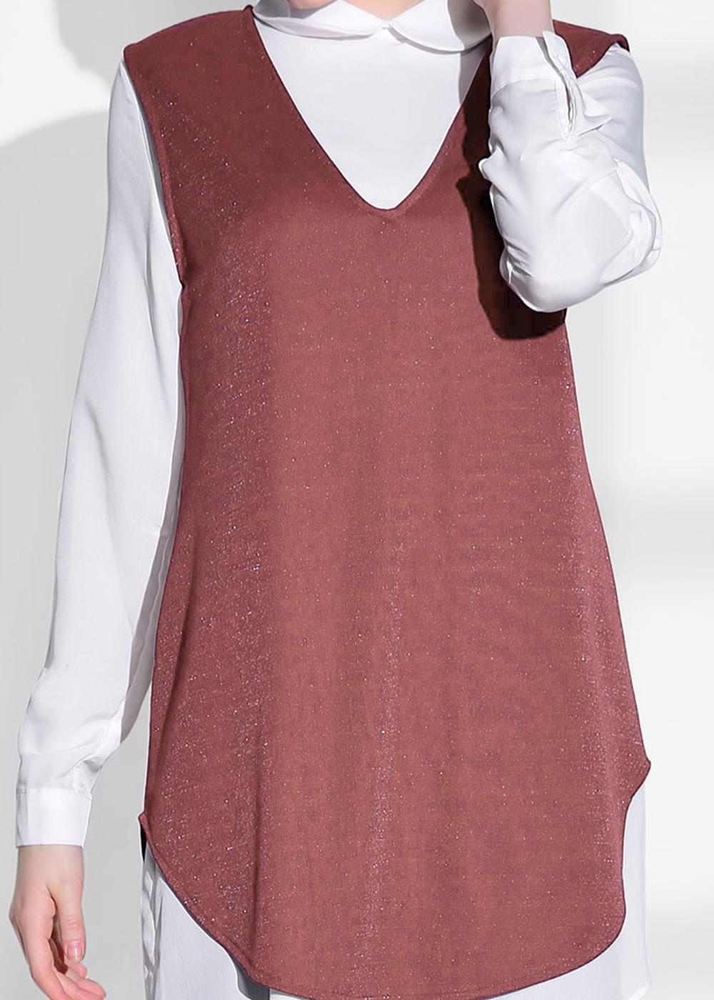 Tesettür giyim PEMBE T 2161 ModaBu- Bebe Yaka 2&prime;li Tunik