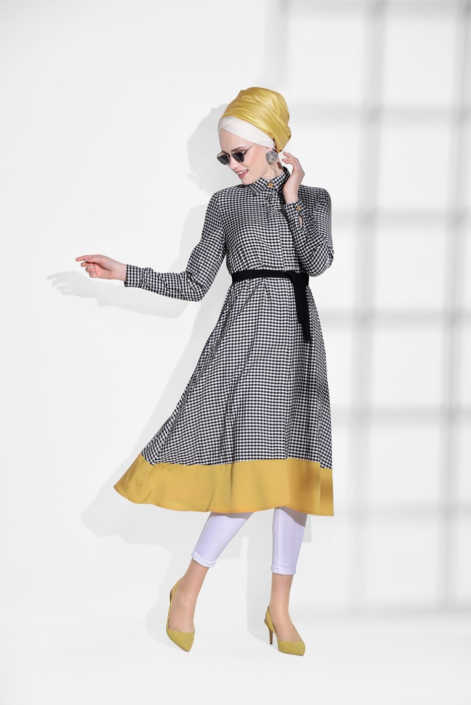 Tesettür giyim TURUNCU T 2218 Bwest-Ekose Desenli Uzun Tunik