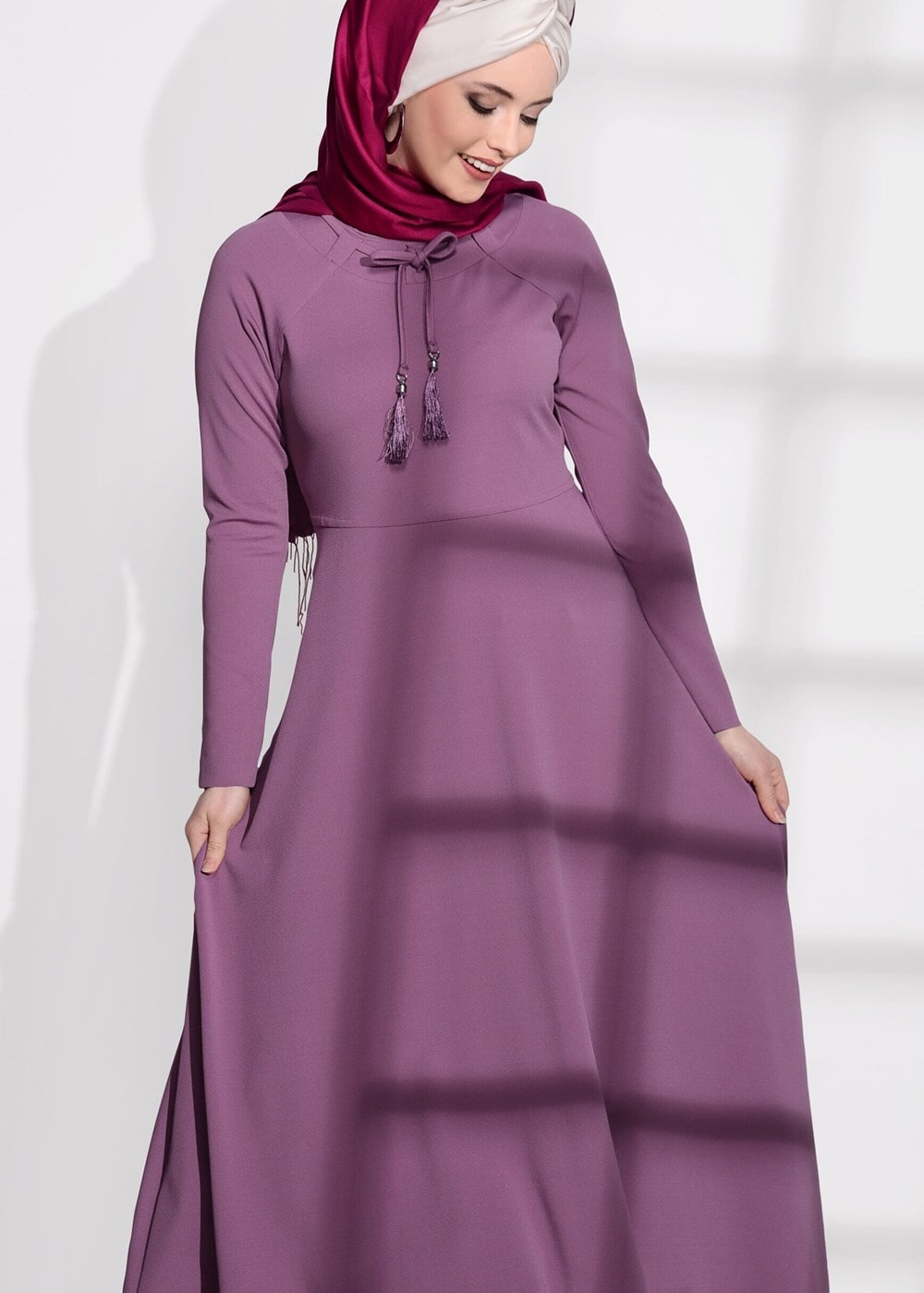 Tesettür giyim PEMBE T 2365 Asmiray-Asimetrik Kesim Uzun Tunik