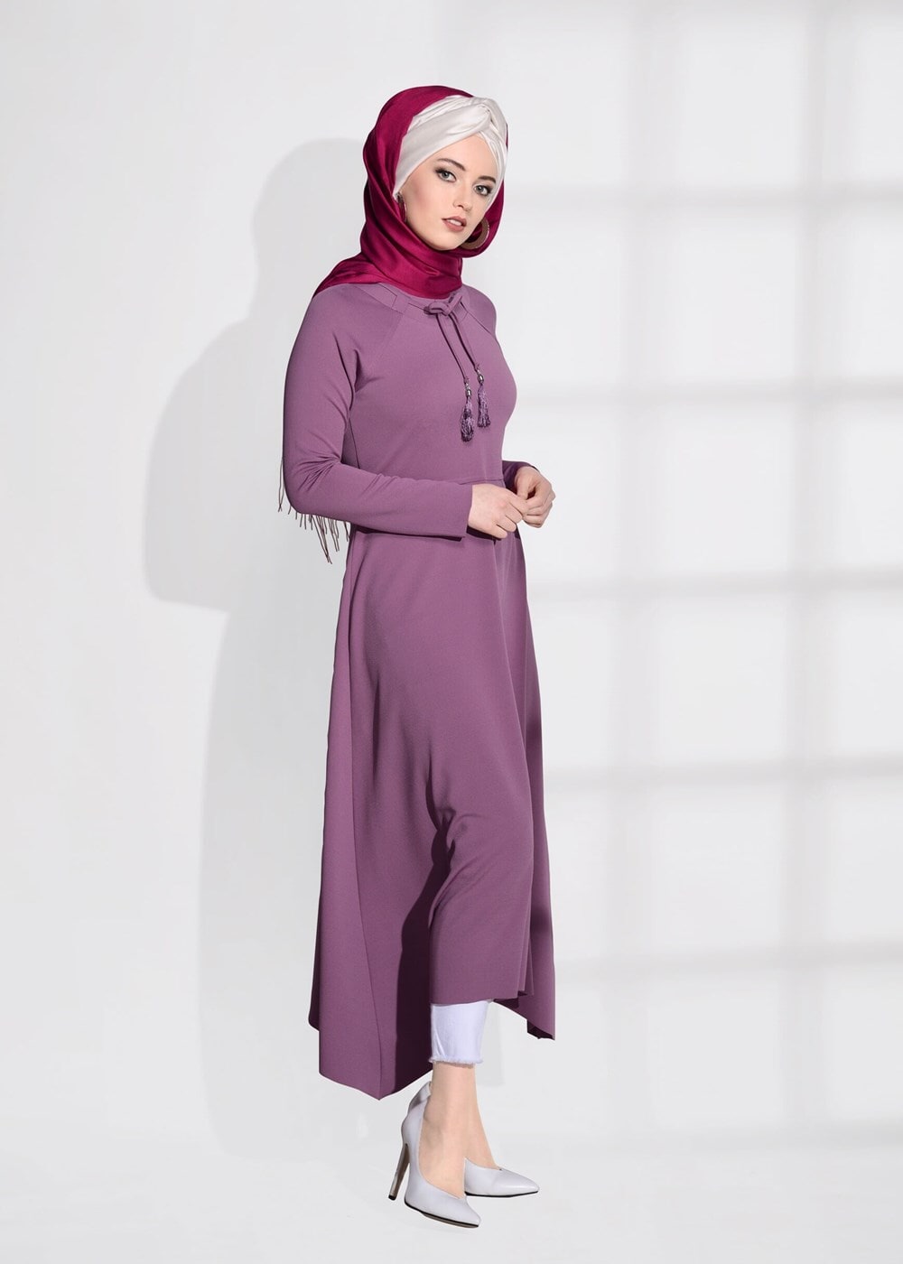 Tesettür giyim PEMBE T 2365 Asmiray-Asimetrik Kesim Uzun Tunik