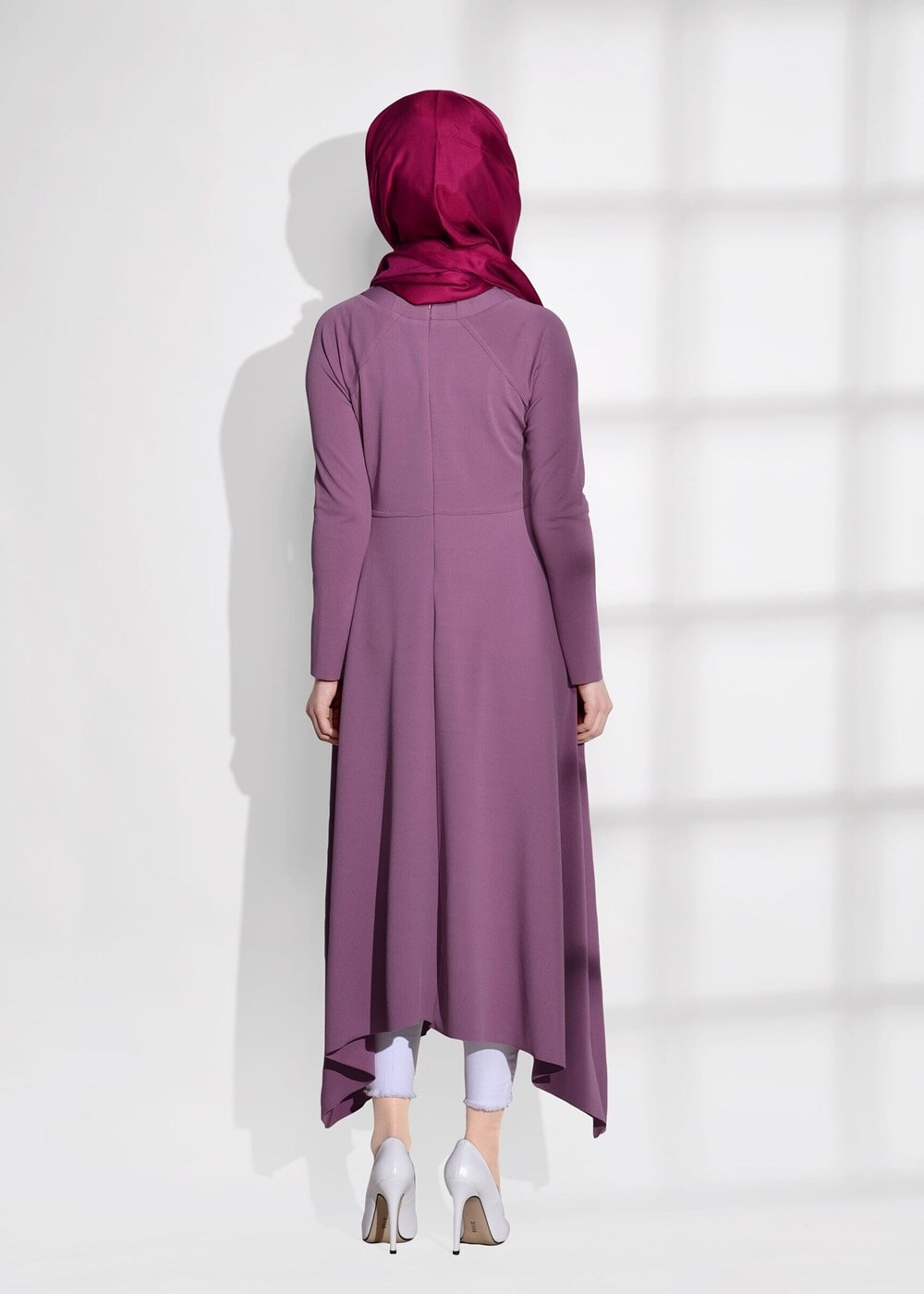 Tesettür giyim PEMBE T 2365 Asmiray-Asimetrik Kesim Uzun Tunik