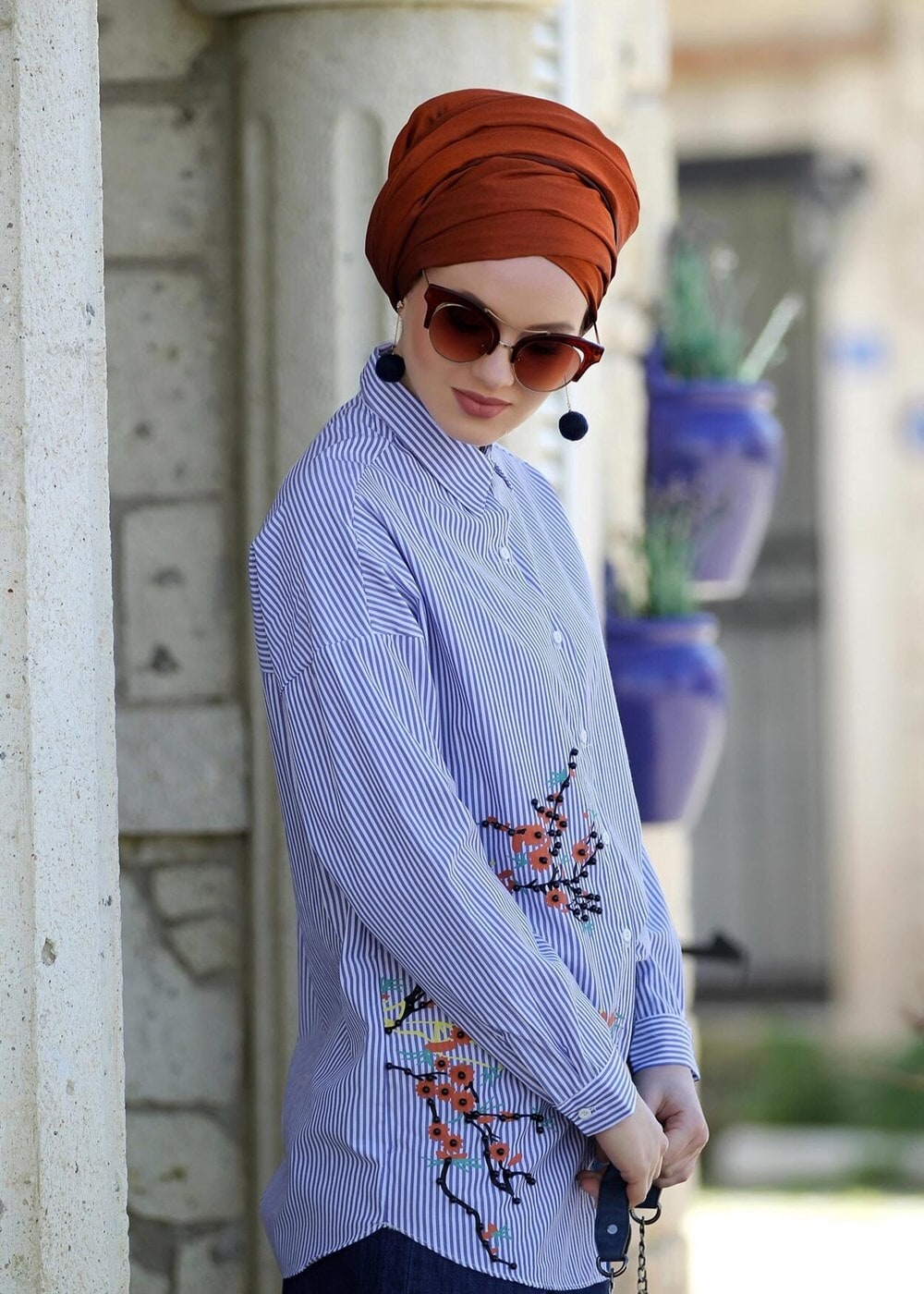 Tesettür giyim MAVİ T 2524 Lvr-İşleme Detaylı Çizgili Tunik