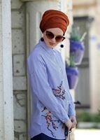 Tesettür giyim MAVİ T 2524 Lvr-İşleme Detaylı Çizgili Tunik