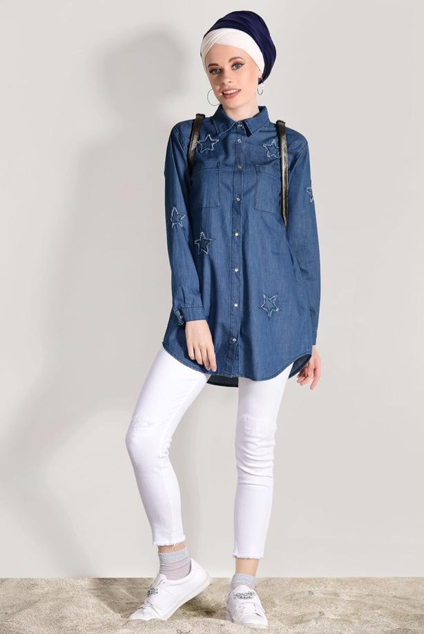 Tesettür giyim  T 2612 Telvin- Yıldız Detaylı Denim Tunik - TRENDTESETTÜR
