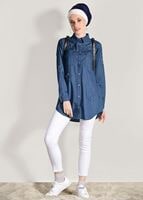Tesettür giyim LACİVERT T 2612 Telvin- Yıldız Detaylı Denim Tunik