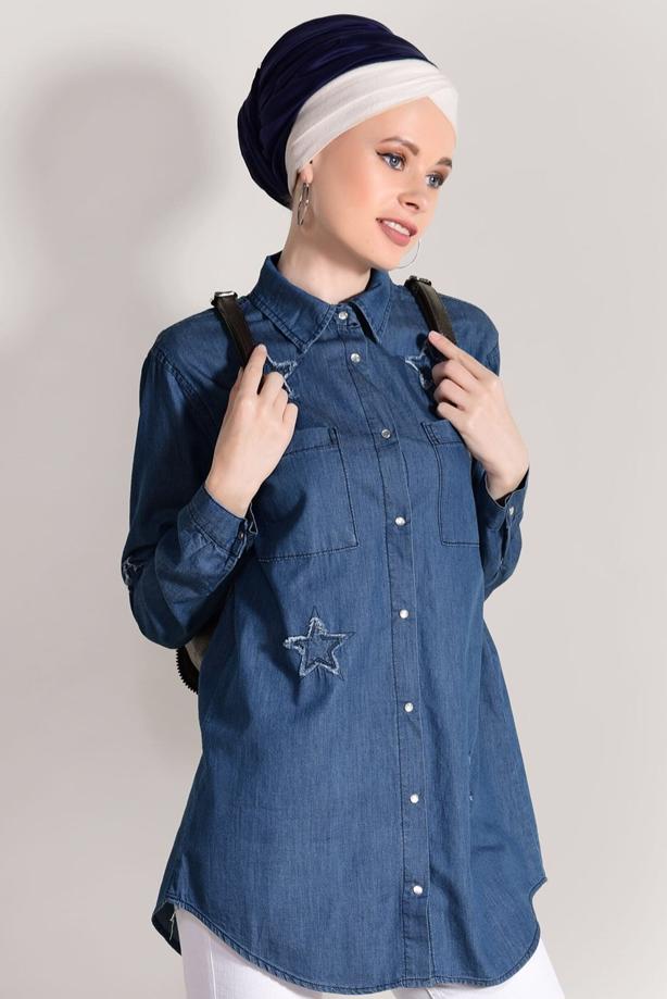 Tesettür giyim  T 2612 Telvin- Yıldız Detaylı Denim Tunik - TRENDTESETTÜR