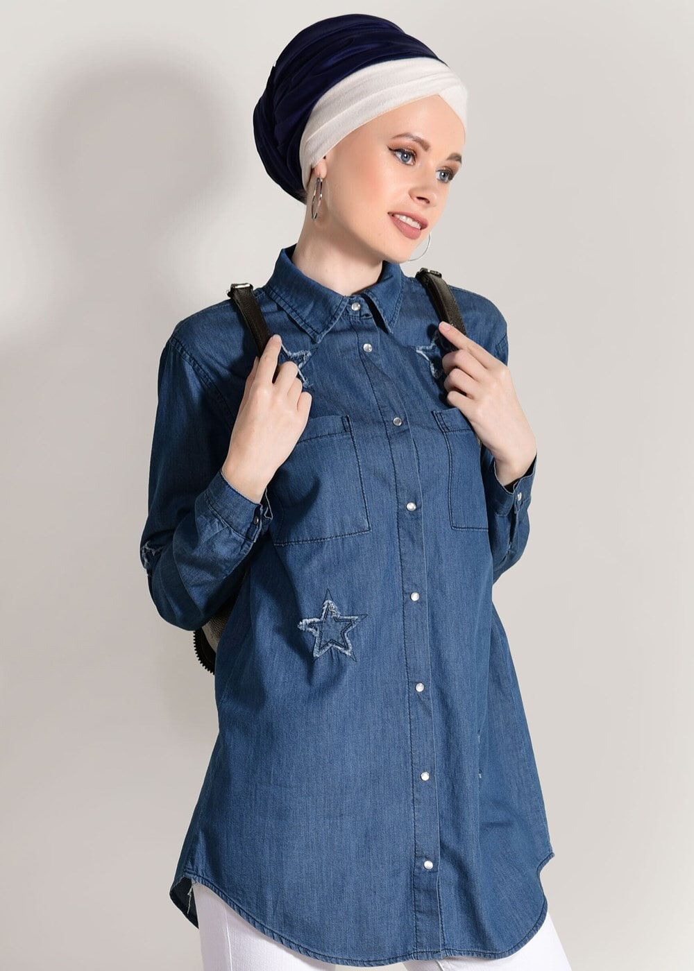 Tesettür giyim LACİVERT T 2612 Telvin- Yıldız Detaylı Denim Tunik