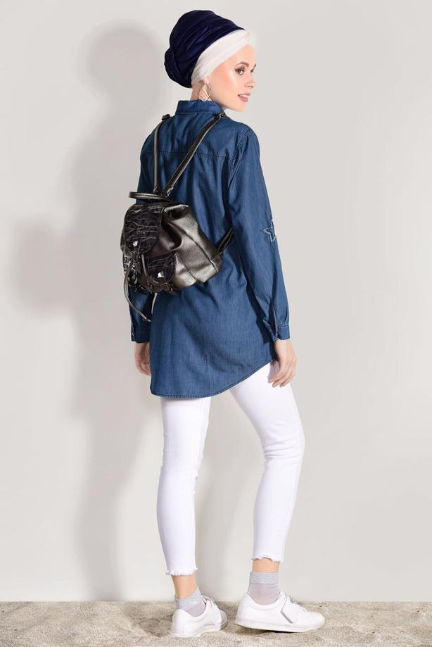 Tesettür giyim  T 2612 Telvin- Yıldız Detaylı Denim Tunik - TRENDTESETTÜR