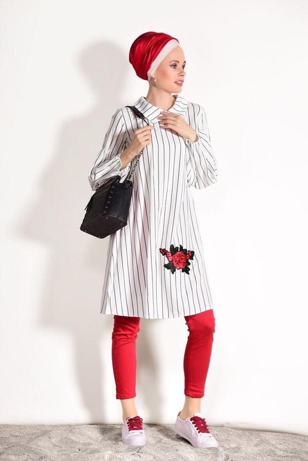Hijab-Kleidung  T 2636 Dkn-Çizgi Desenli Tunik - TRENDTESETTÜR